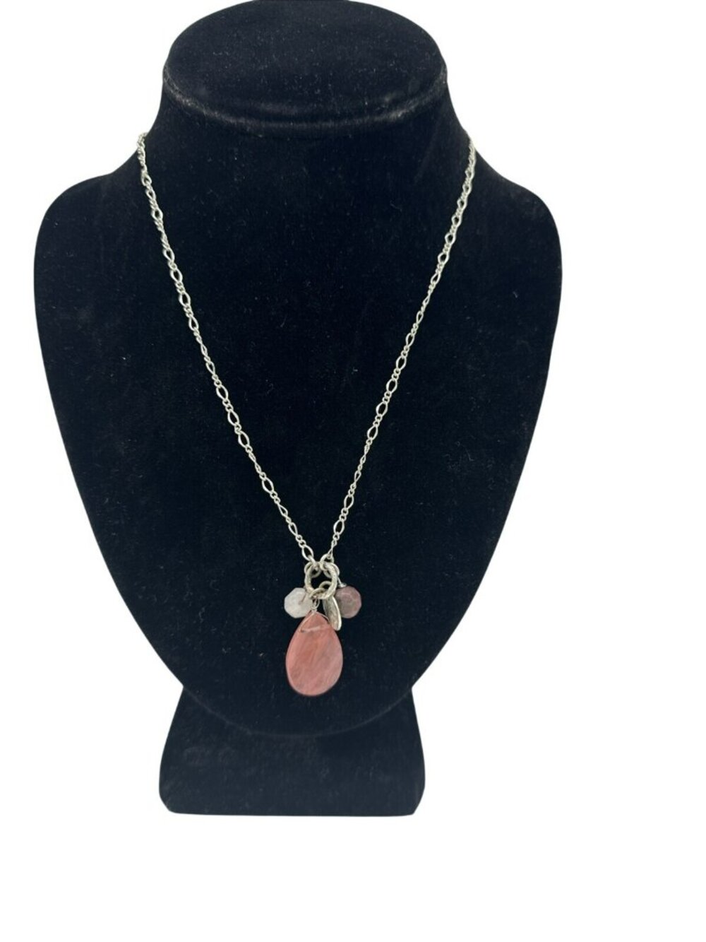 Pendant Necklace Teardrop Silver Tone Medallion Dainty Cluster Boho Pink 20"